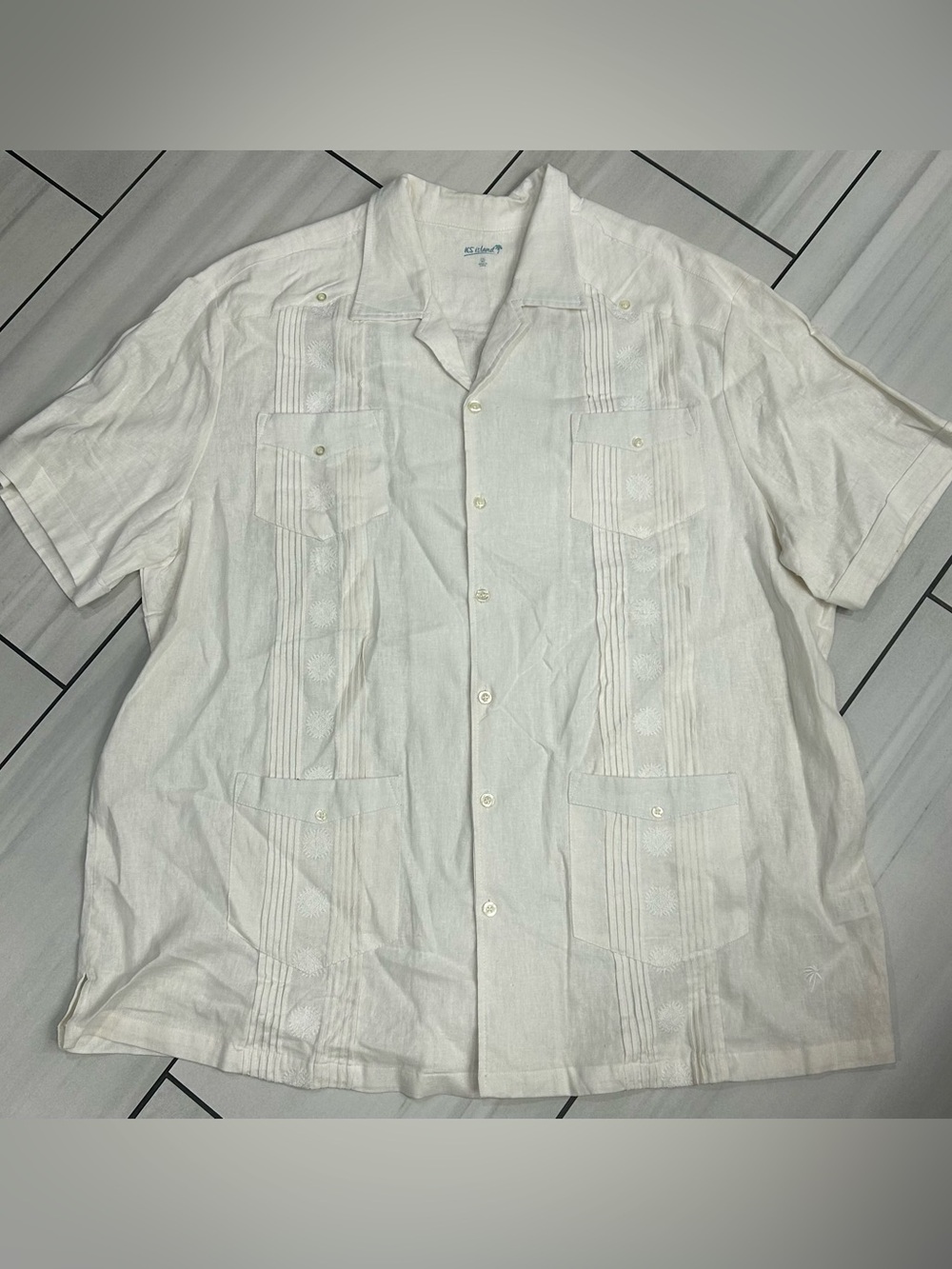 KS ISLAND Shirt Guayabera Cuban Mens 2XL XXLT Tall White Linen Blend